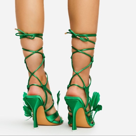 Green calf high strappy tie lace up feather square toe satin heel sandals - Picture 4 of 5
